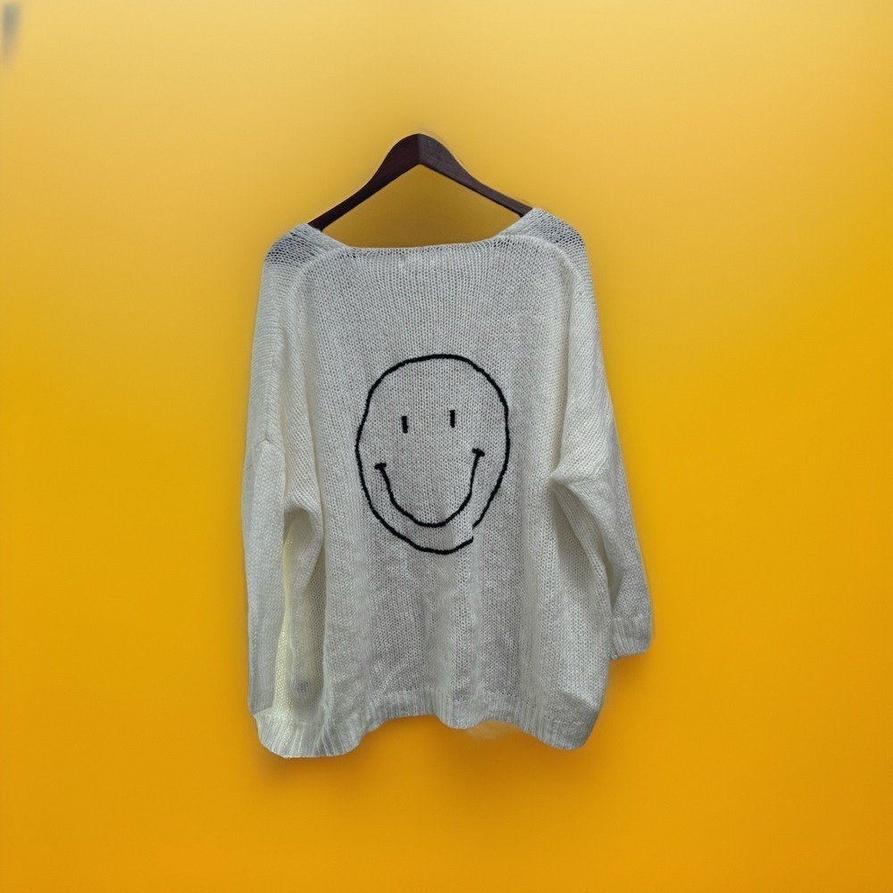 Oversized White Open Knit Cardigan Sweater Smiley Boho Cozy Layering Relaxed Fit